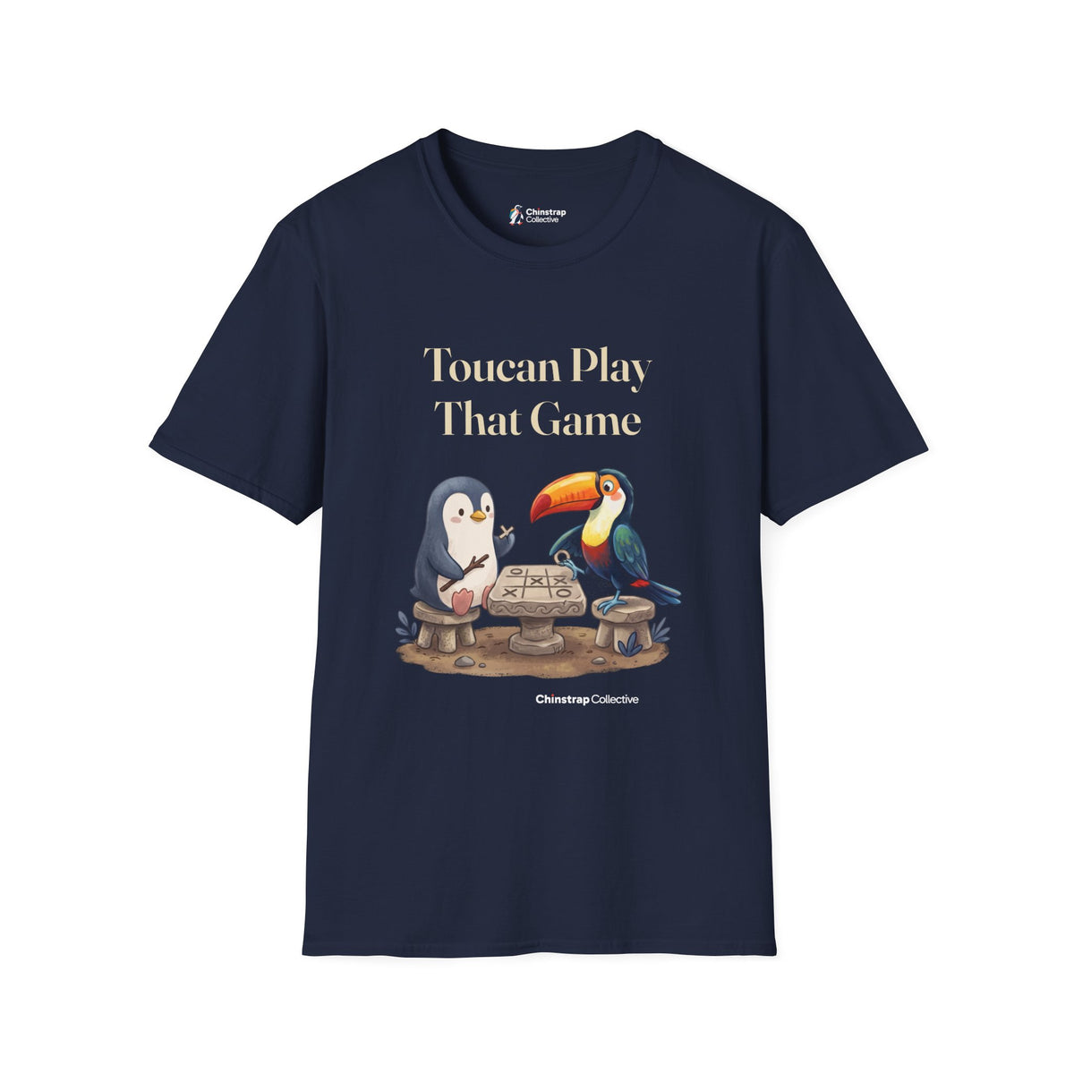 Toucan Play That Game penguin T-shirt in Navy: The penguin and a bright toucan sit on stone stools at a stone tic-tac-toe…