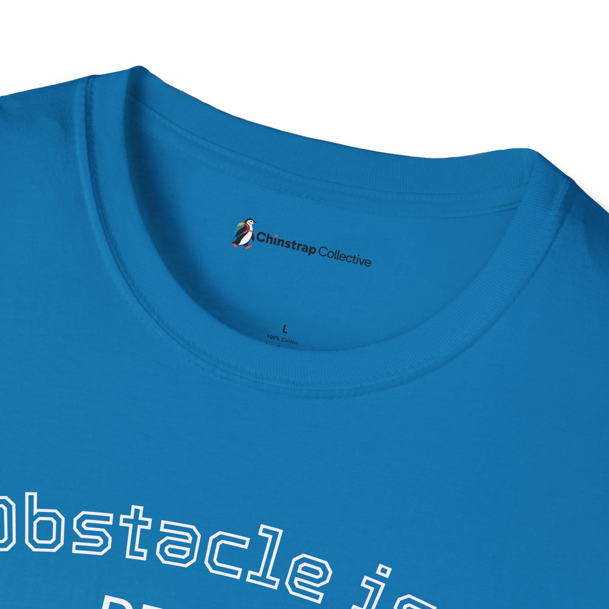 The Chinstrap Collective neck label on the Penguin Wisdom T-shirt in Sapphire