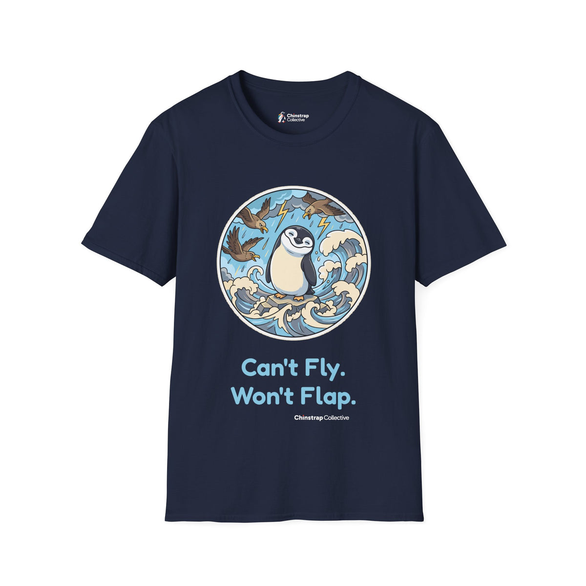 Unflappable penguin T-shirt in Navy: A cartoon penguin standing calmly