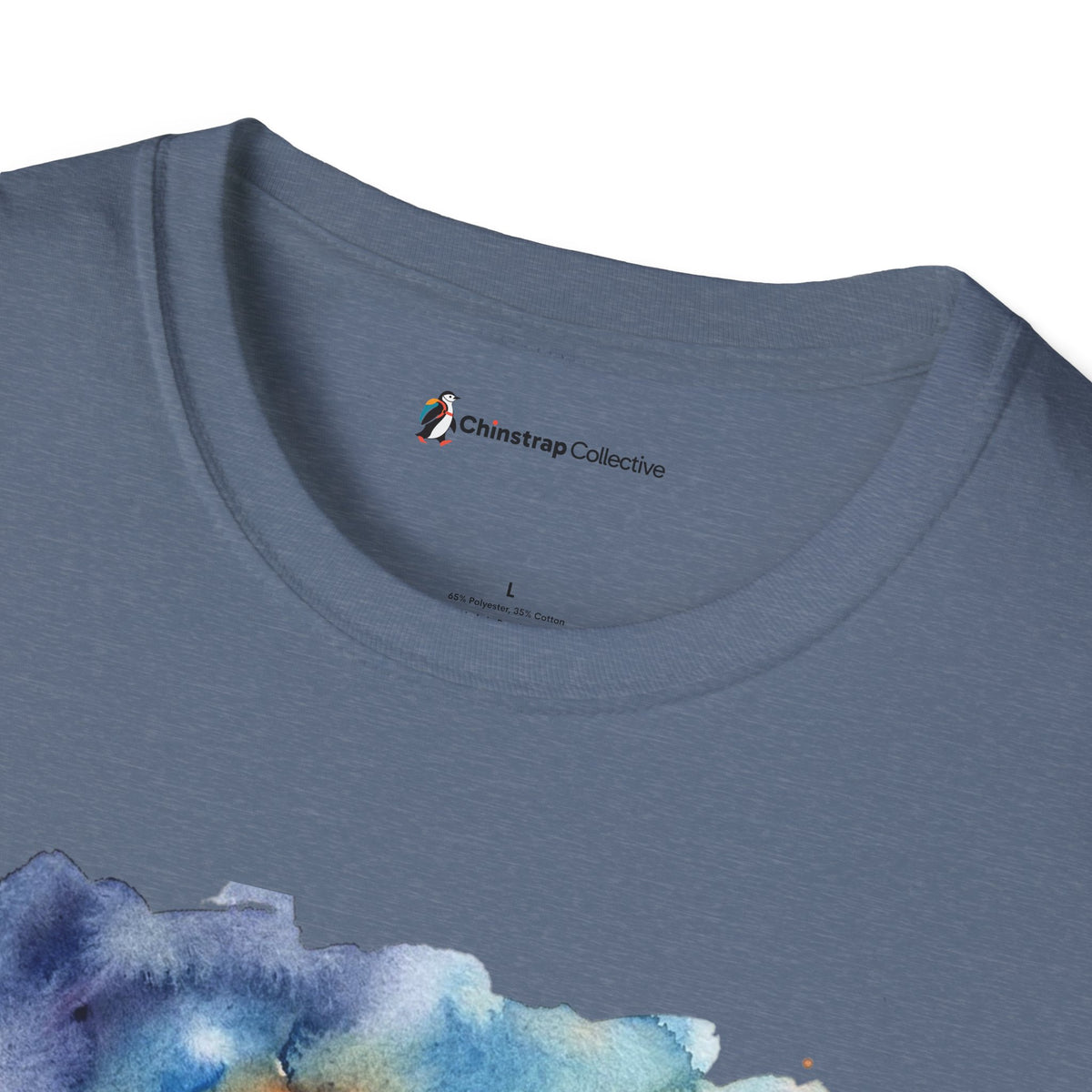 The Chinstrap Collective neck label on the Pumpkin Picking Penguin T-shirt in Heather Indigo