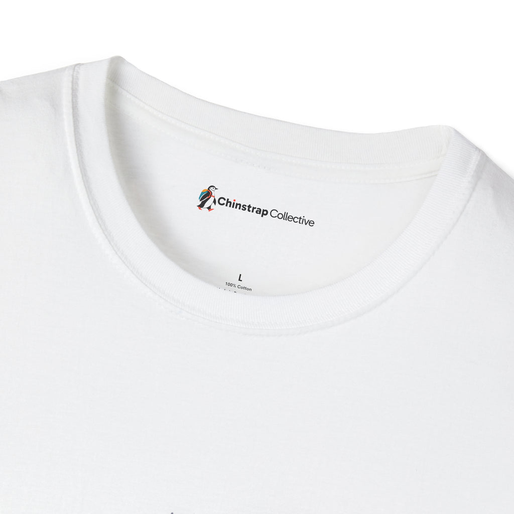 The Chinstrap Collective neck label on the Penguin in Kimono T-shirt in White
