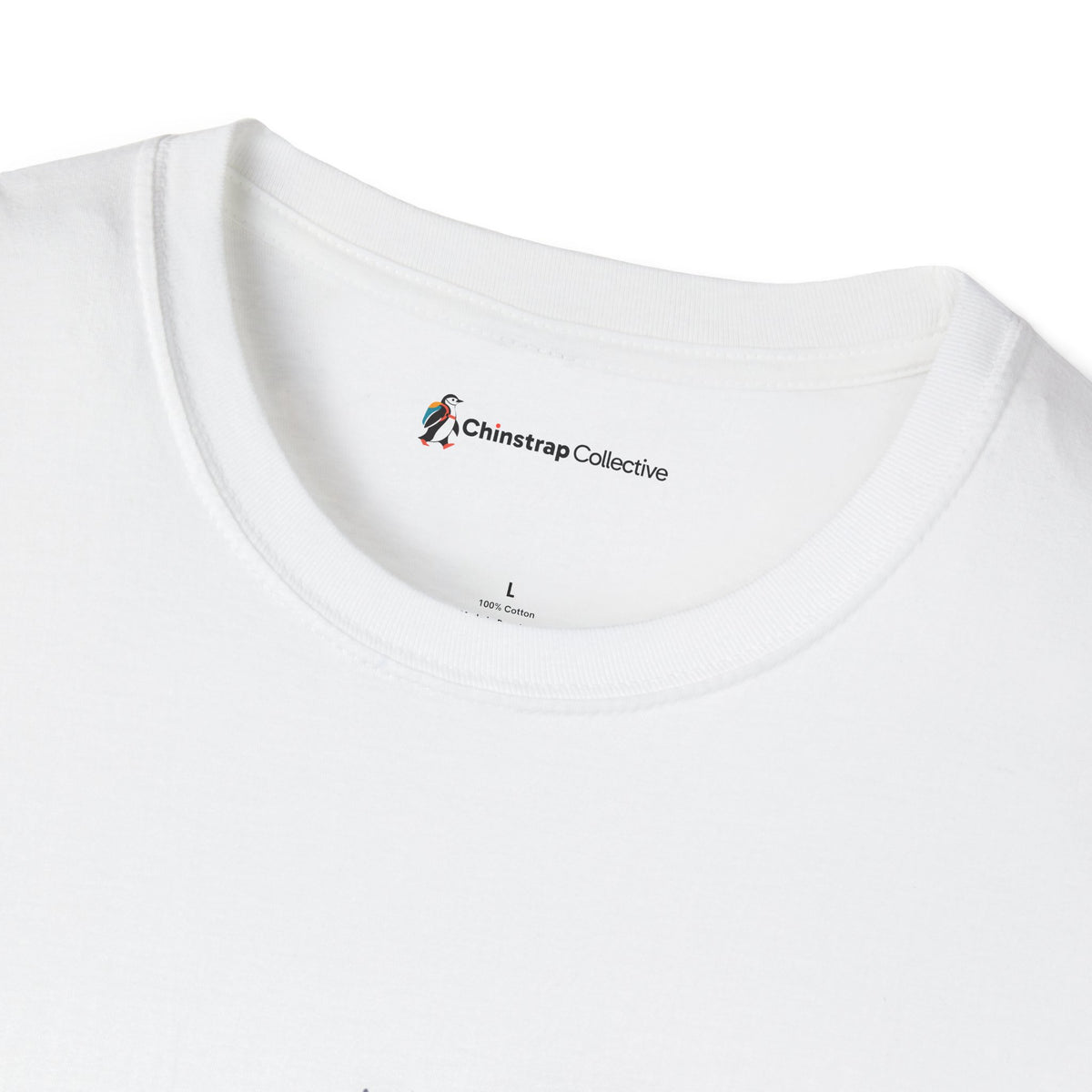 The Chinstrap Collective neck label on the Penguin in Kimono T-shirt in White