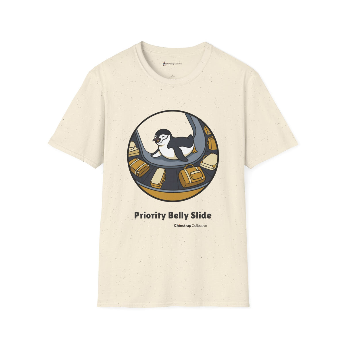 Priority Belly Slide penguin T-shirt in Natural: Inside a round frame, the penguin belly-slides along an airport luggage…