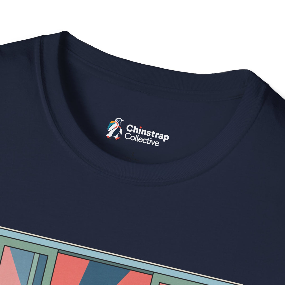 The Chinstrap Collective neck label on the Post-Shift Waddle T-shirt in Navy