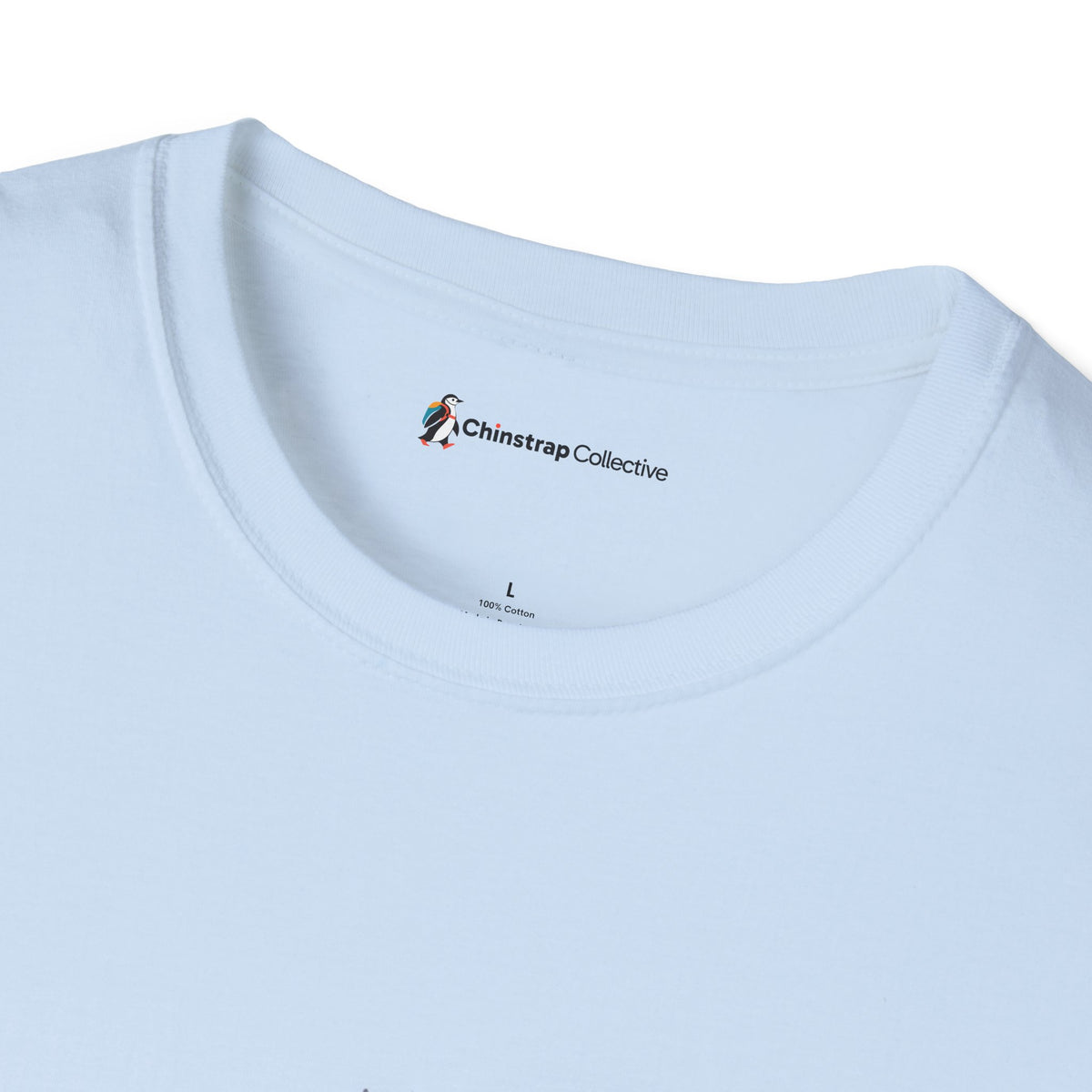 The Chinstrap Collective neck label on the Penguin in Kimono T-shirt in Light Blue