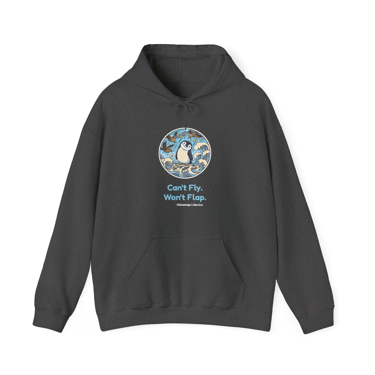 Unflappable penguin hoodie in Dark Heather: Skuas dive and waves crash around the chinstrap penguin, who stands perfectly…