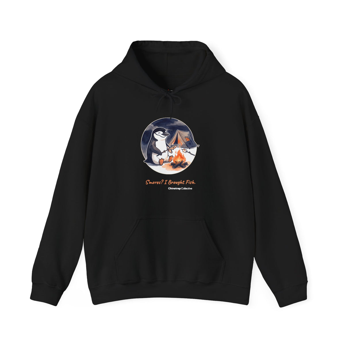 Campfire Fish penguin hoodie in Black: The chinstrap penguin sits by a low campfire at night, roasting a small fish