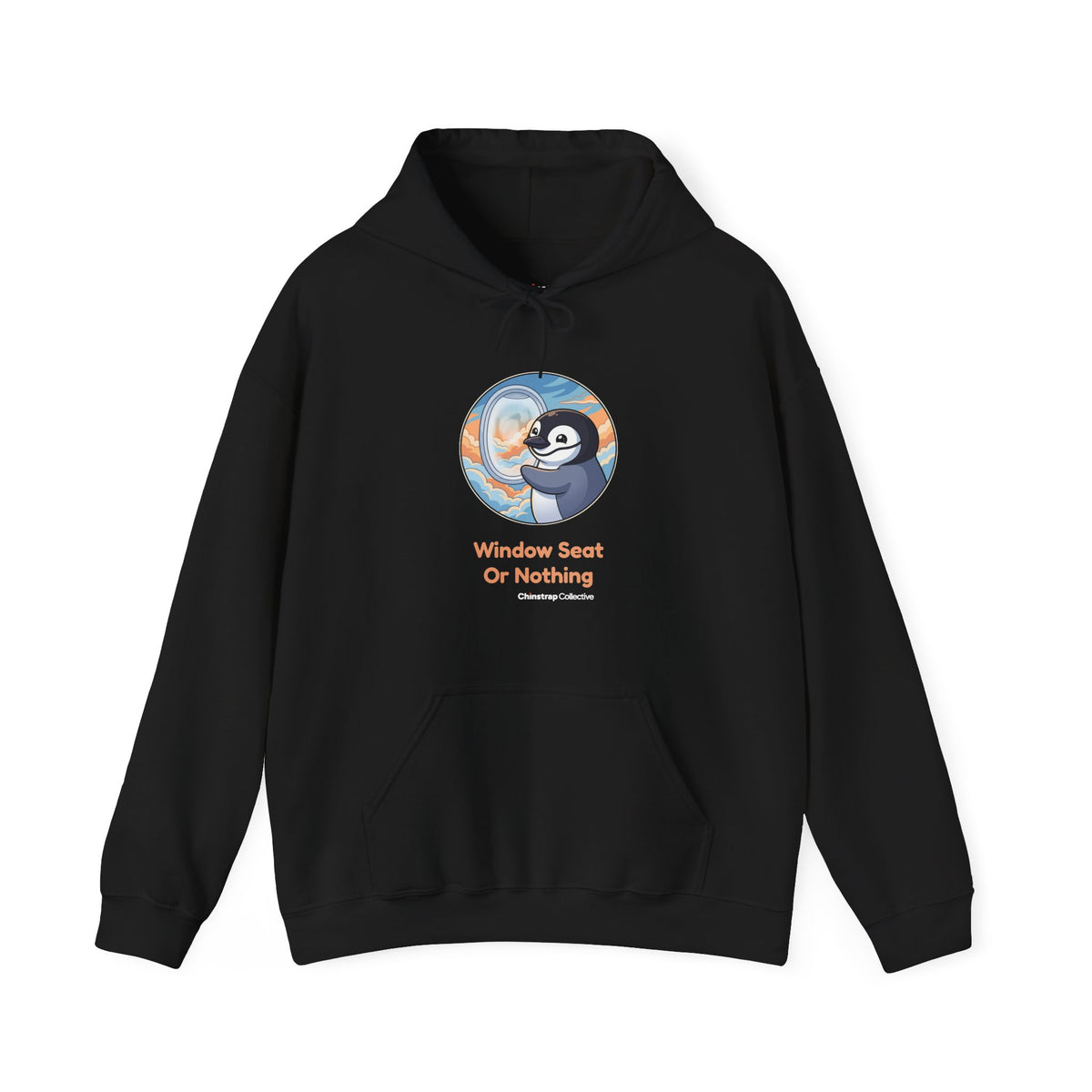 Window Seat penguin hoodie in Black: The art shows a chinstrap penguin pressing its face to a round airplane window, beak…