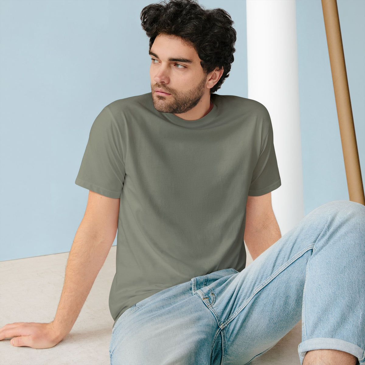The Penguin Mountain River T-shirt in Eucalyptus, worn outdoors