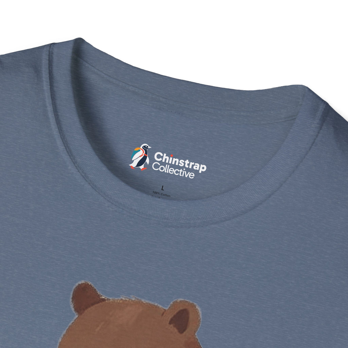 The Chinstrap Collective neck label on the Bear and Penguin Hike T-shirt in Heather Indigo
