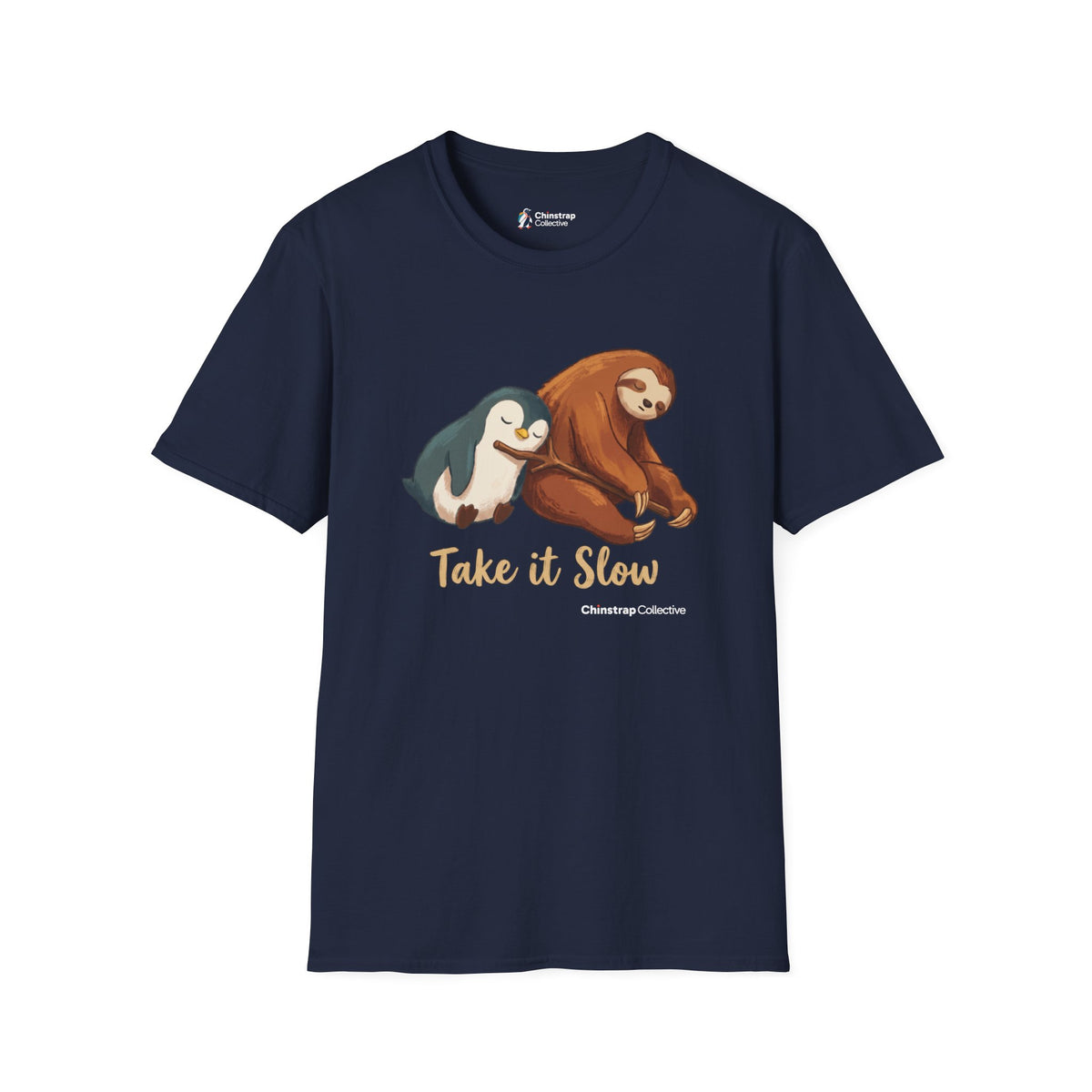 Take It Slow penguin T-shirt in Navy: The penguin and a sloth doze off leaning against each other, sharing one walking…