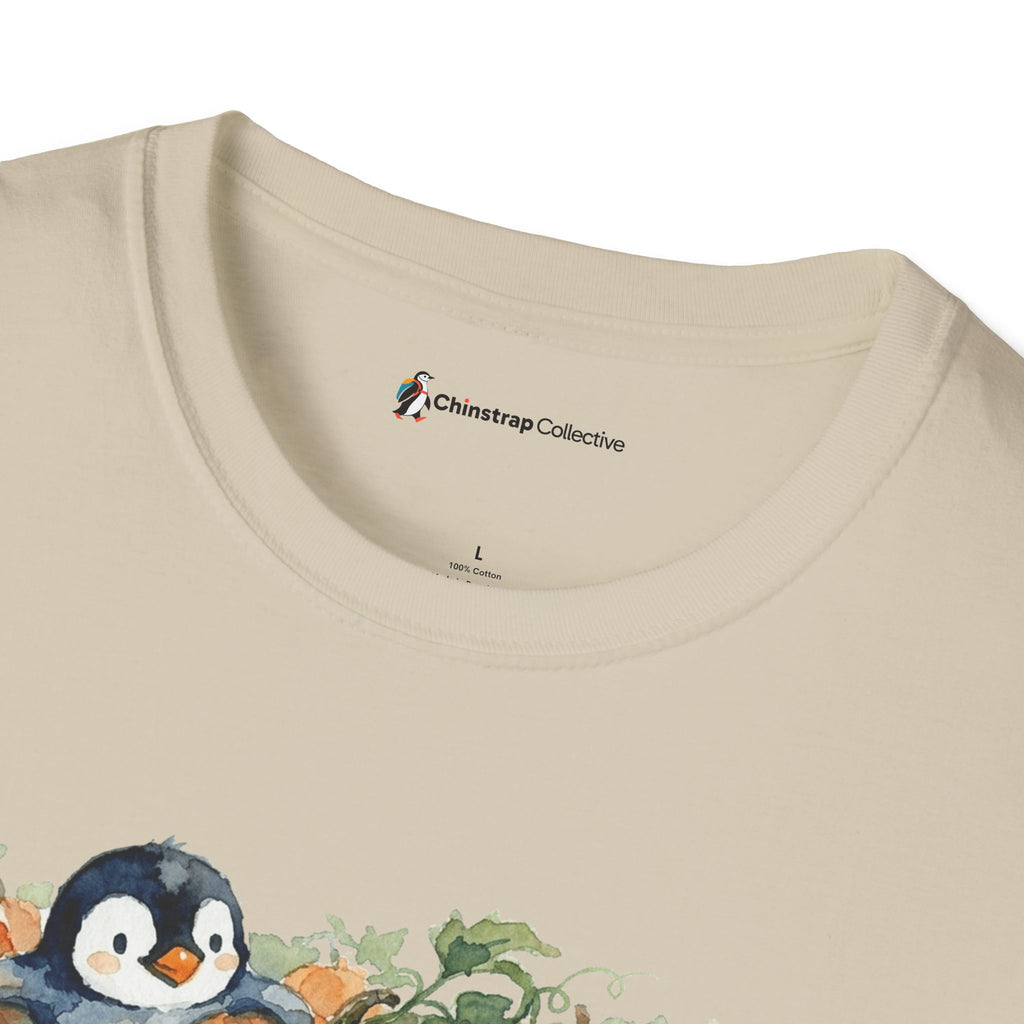 The Chinstrap Collective neck label on the Penguin Pumpkin Patch T-shirt in Sand