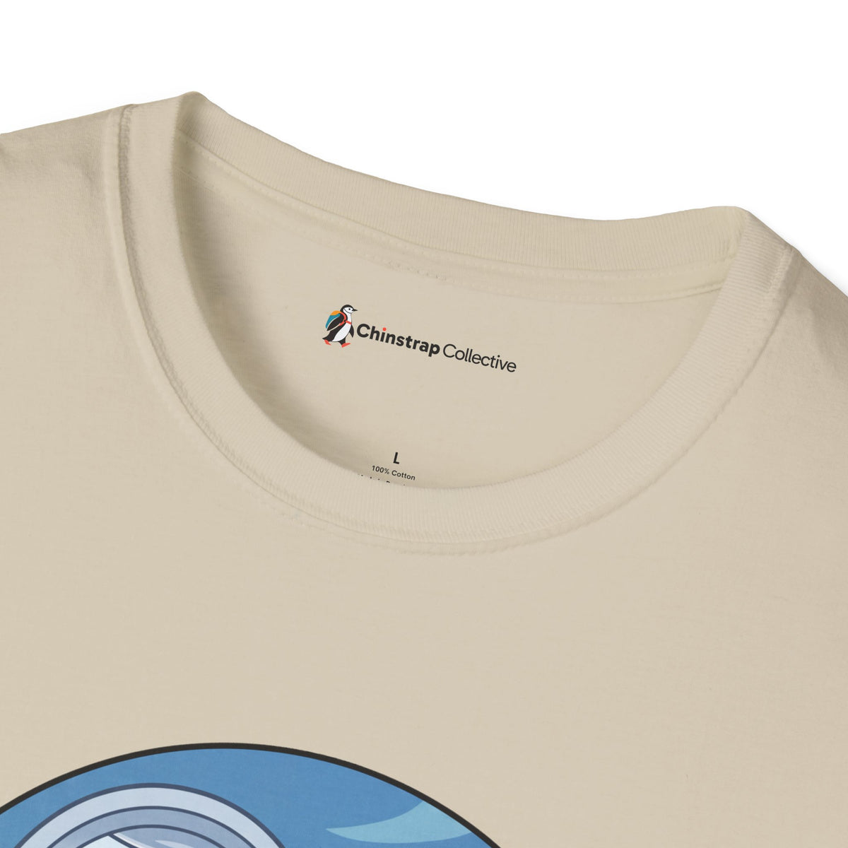 The Chinstrap Collective neck label on the Window Seat T-shirt in Sand