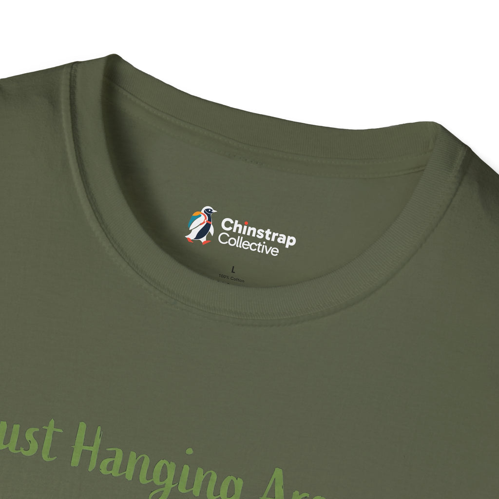 The Chinstrap Collective neck label on the Just Hanging Around T-shirt in Military Green