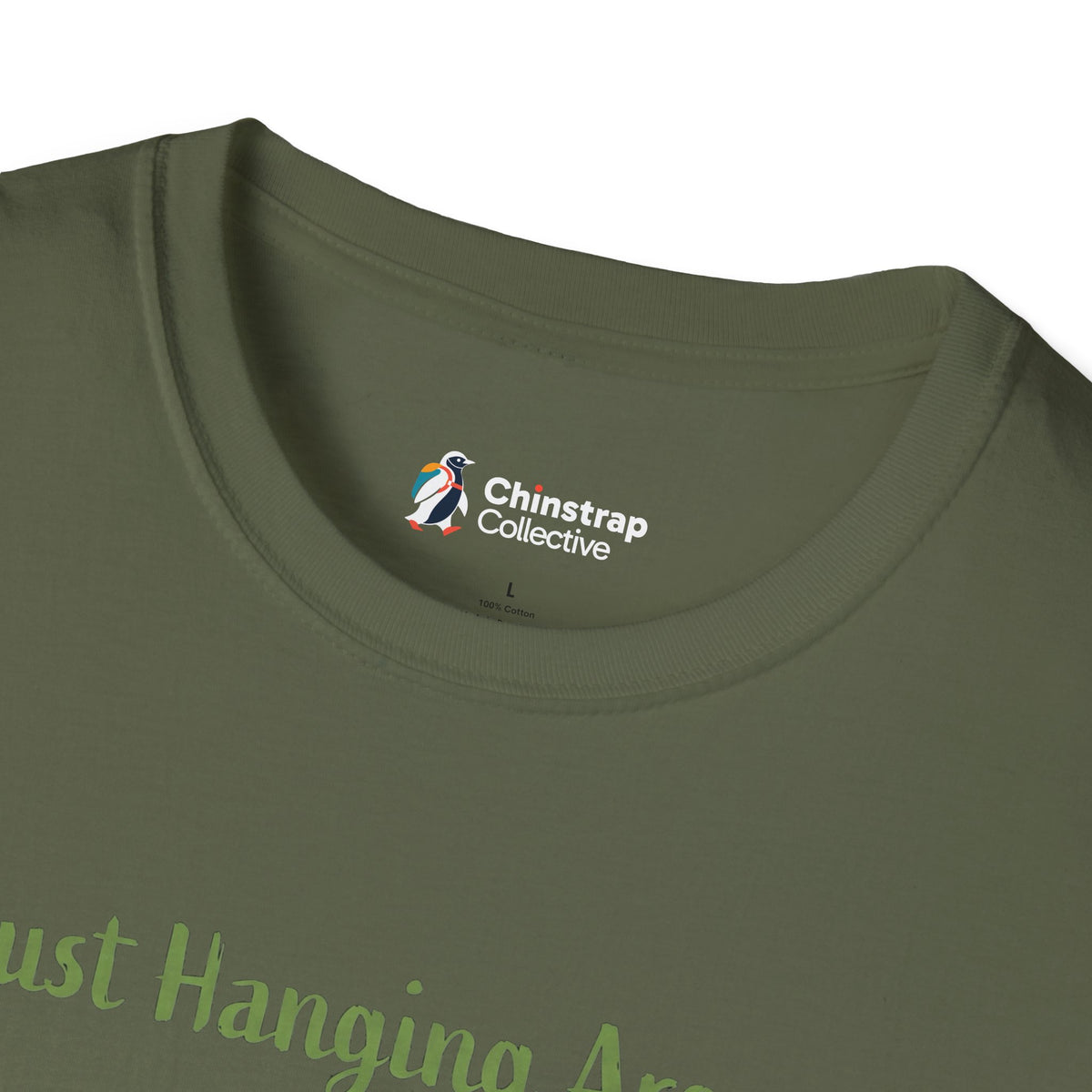 The Chinstrap Collective neck label on the Just Hanging Around T-shirt in Military Green
