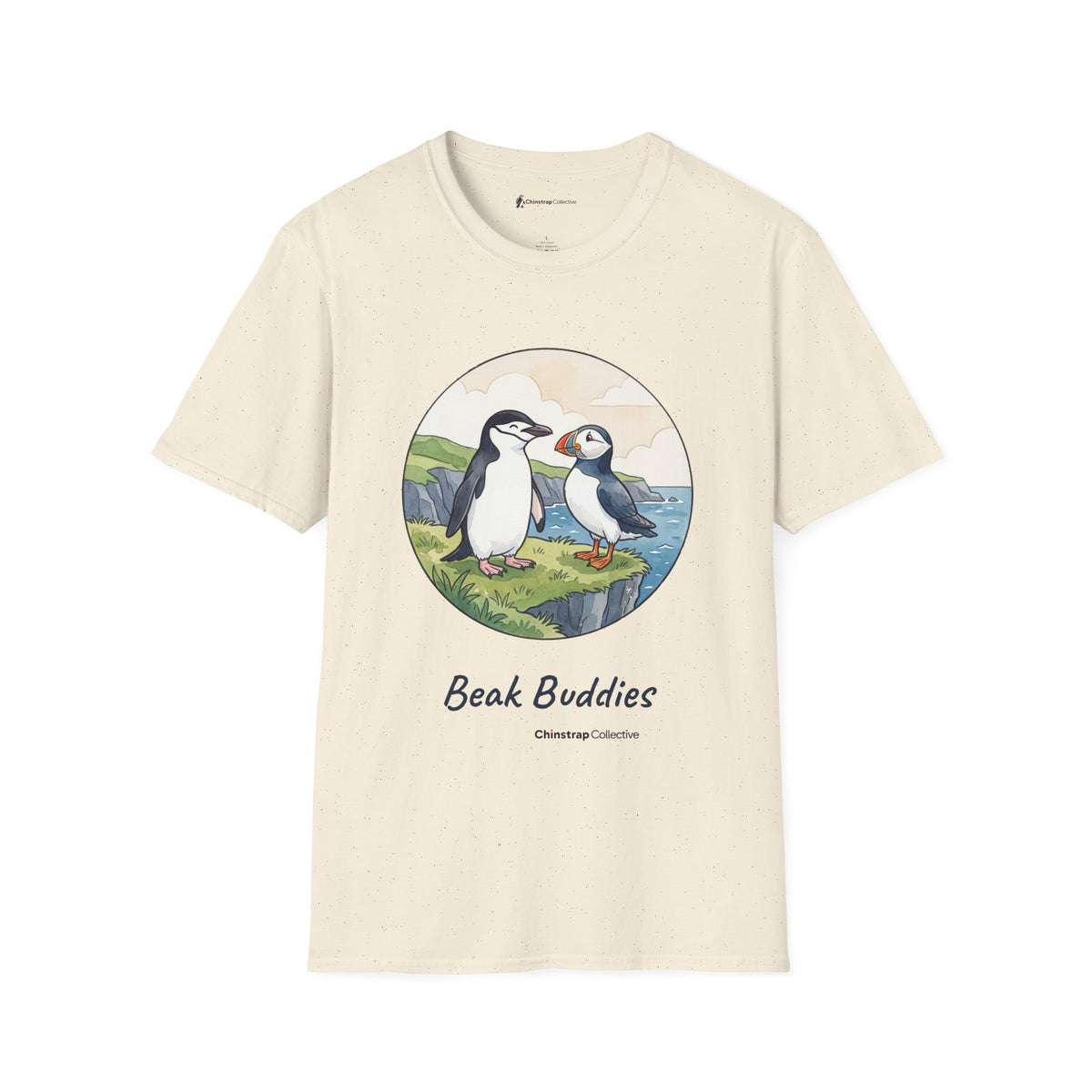 Beak Buddies penguin T-shirt in Natural: A watercolour and ink chinstrap penguin and puffin