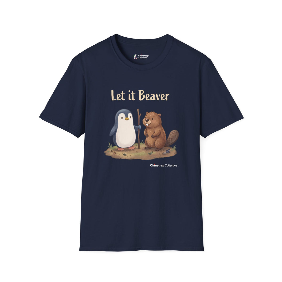 Let It Beaver penguin T-shirt in Navy: The penguin, a walking stick in its flipper, stands beside a cheerful beaver