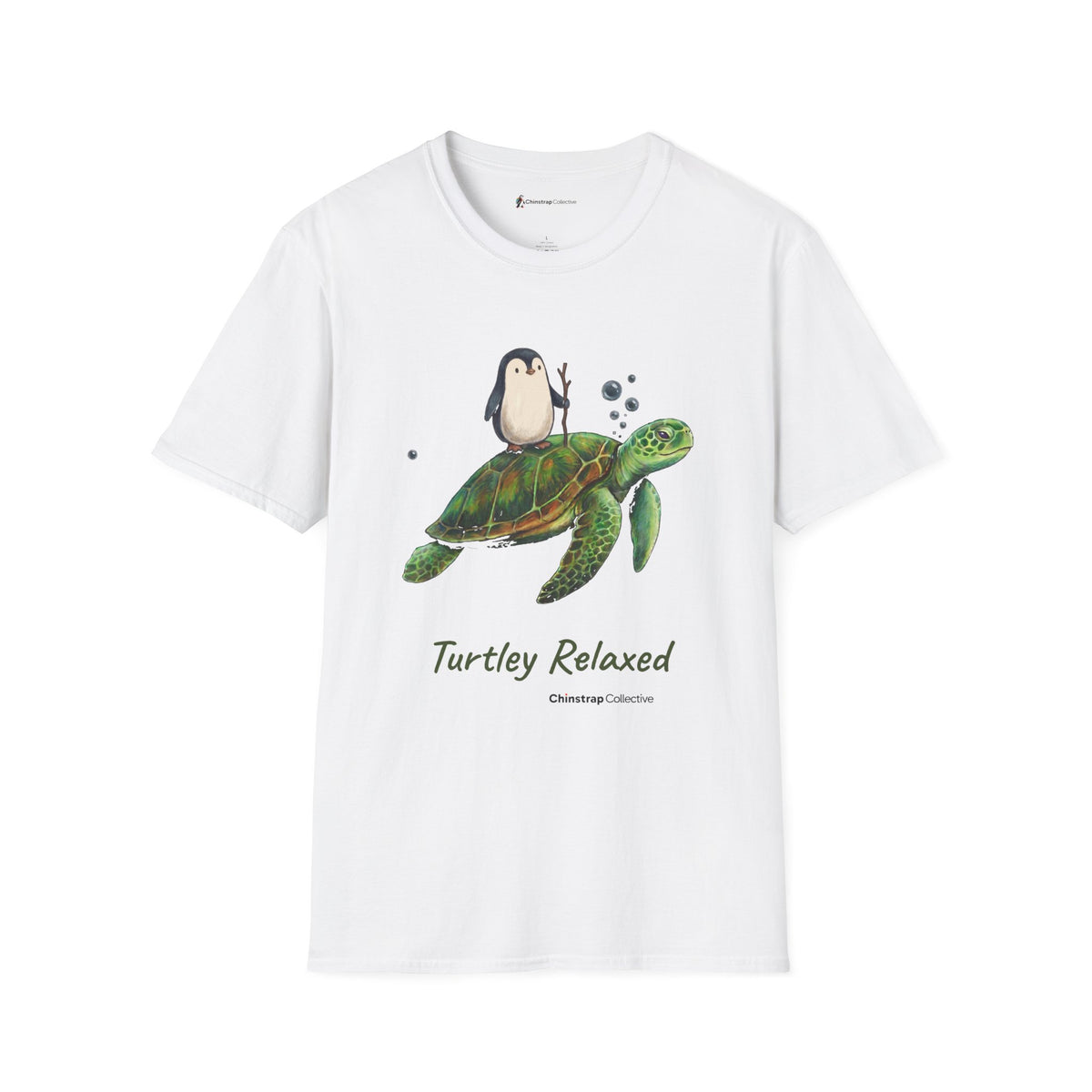 Turtley Relaxed penguin T-shirt in White: His painting printed as he made it: the penguin, a walking stick in its…