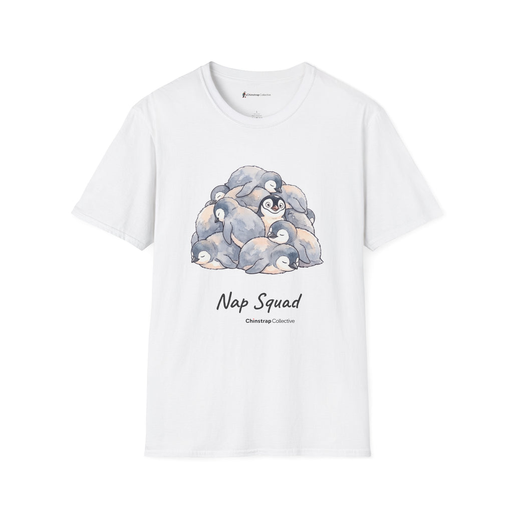 Nap Squad penguin T-shirt in White: A watercolour pile of sleeping grey penguin chicks with one awake in the middle, with…