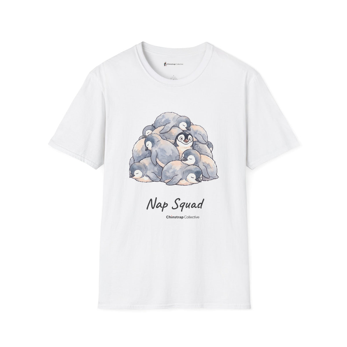 Nap Squad penguin T-shirt in White: A watercolour pile of sleeping grey penguin chicks with one awake in the middle, with…