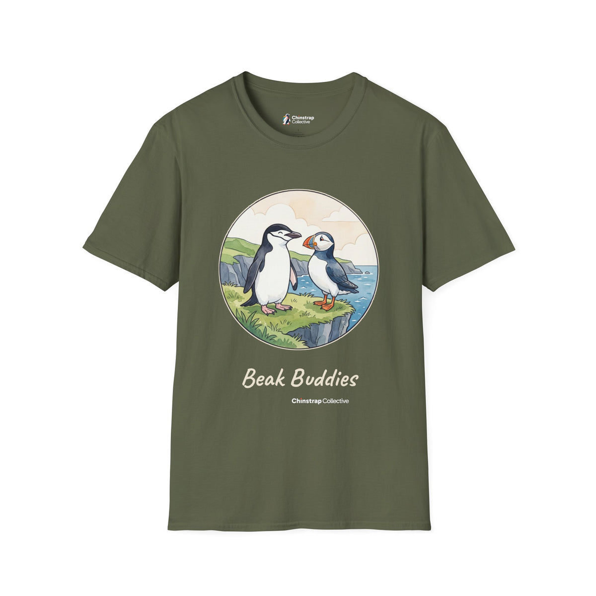 Beak Buddies penguin T-shirt in Military Green: A watercolour and ink chinstrap penguin and puffin