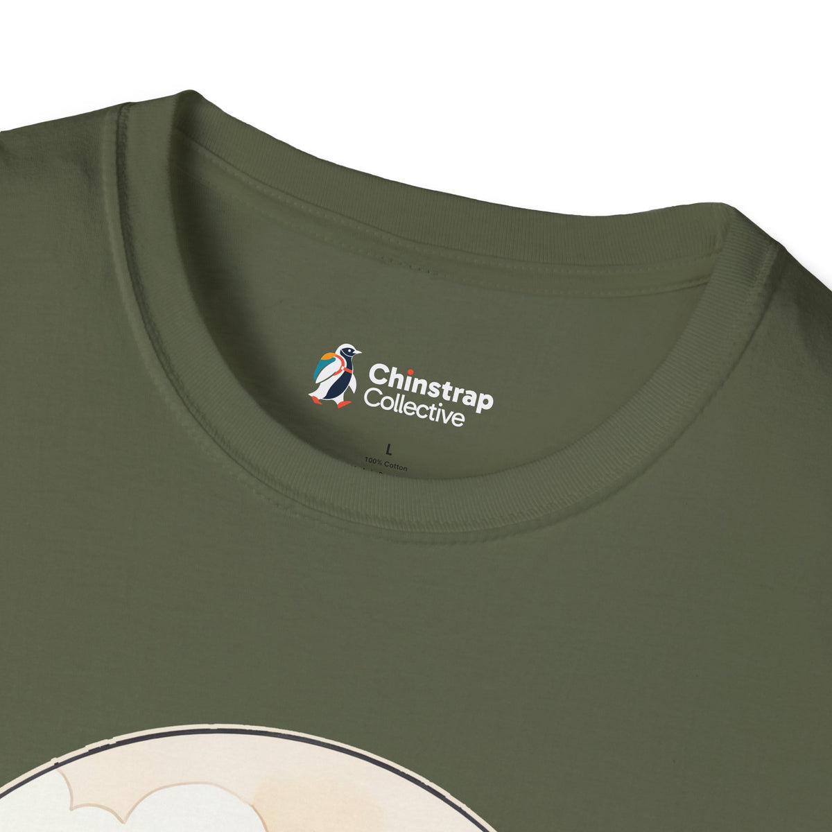 The Chinstrap Collective neck label on the Beak Buddies T-shirt in Military Green