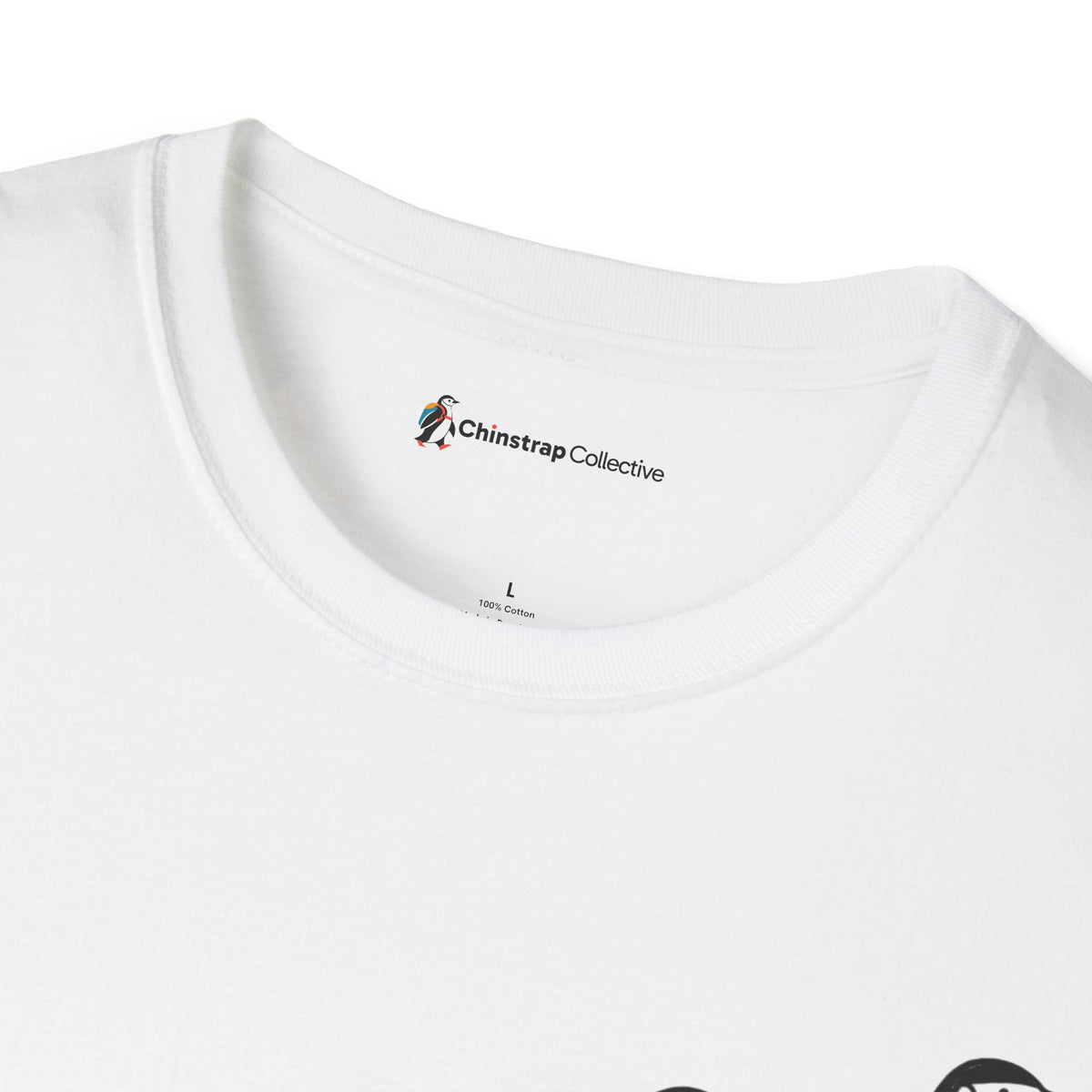 The Chinstrap Collective neck label on the Penguin Lineup T-shirt in White