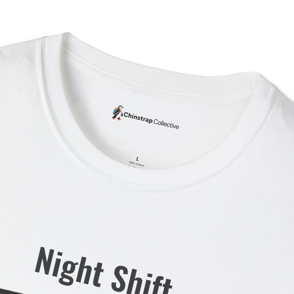 The Chinstrap Collective neck label on the Still Waddling T-shirt in White