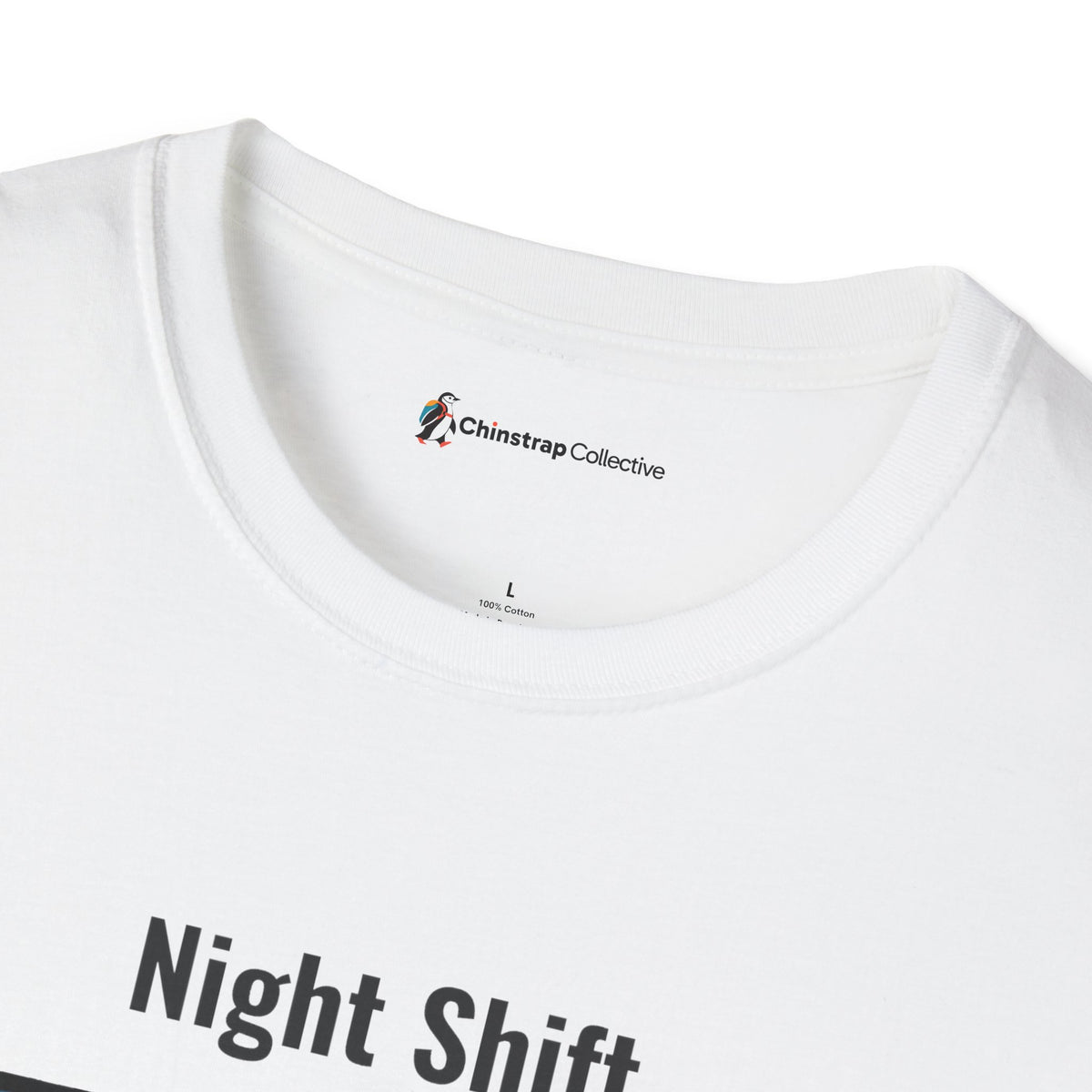 The Chinstrap Collective neck label on the Still Waddling T-shirt in White