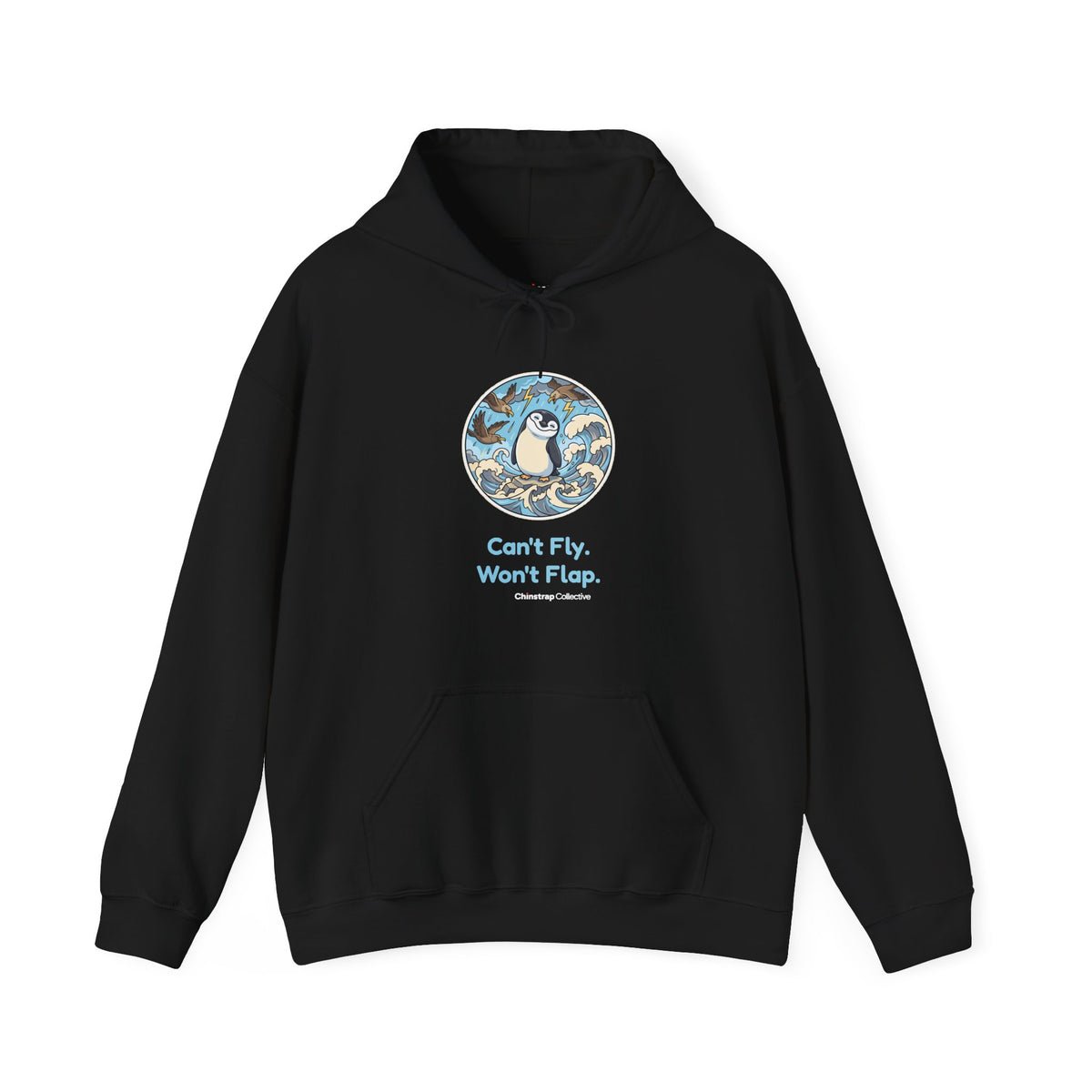 Unflappable penguin hoodie in Black: Skuas dive and waves crash around the chinstrap penguin, who stands perfectly still…