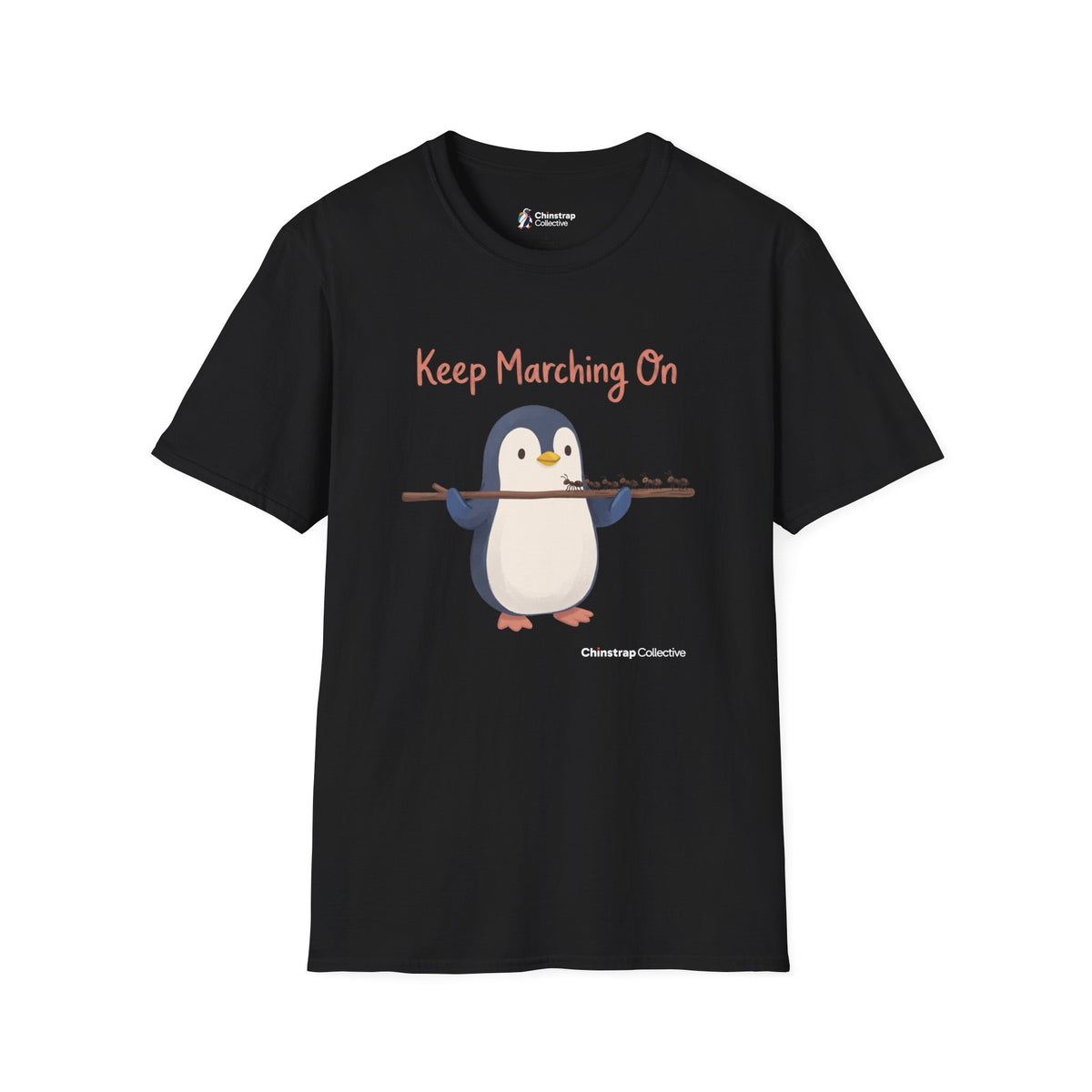 Keep Marching On penguin T-shirt in Black: The penguin carries a long stick across its flippers while a line of ants…