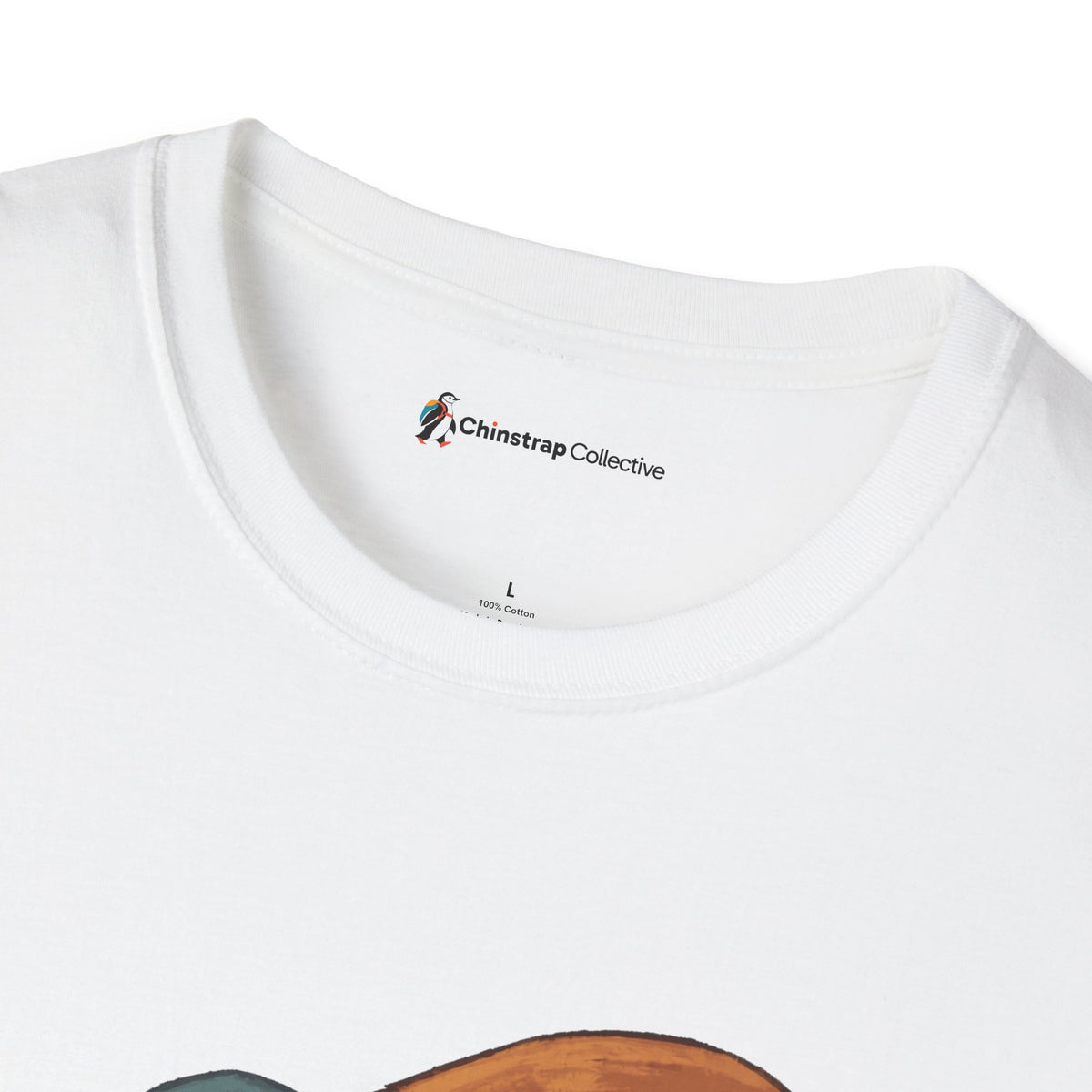The Chinstrap Collective neck label on the Take It Slow T-shirt in White