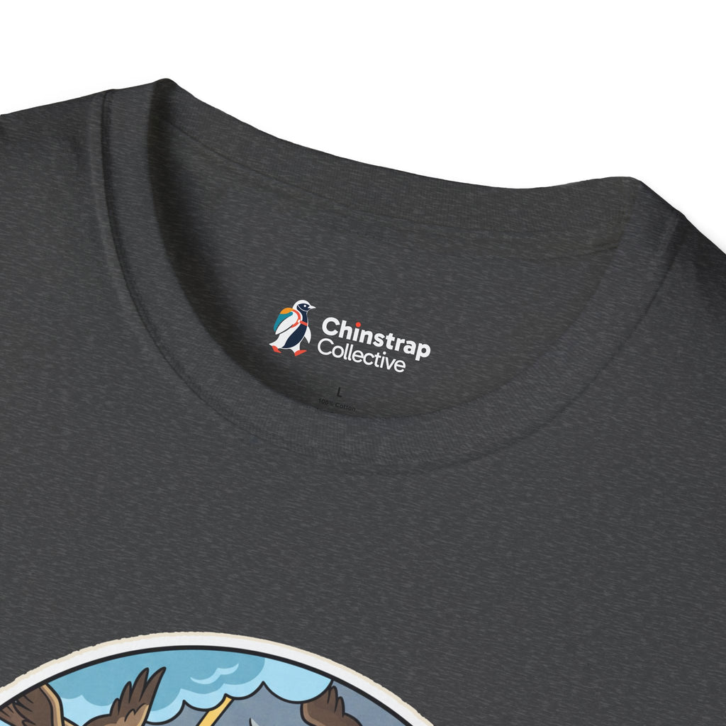 The Chinstrap Collective neck label on the Unflappable T-shirt in Dark Heather