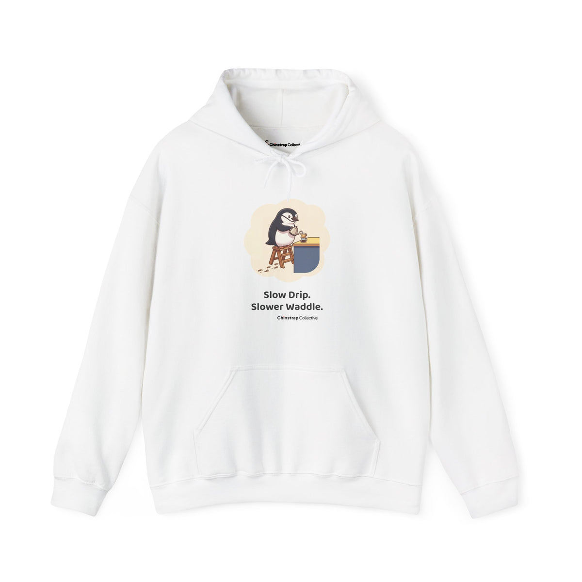 Pour-Over Patience penguin hoodie in White: A chinstrap penguin balances