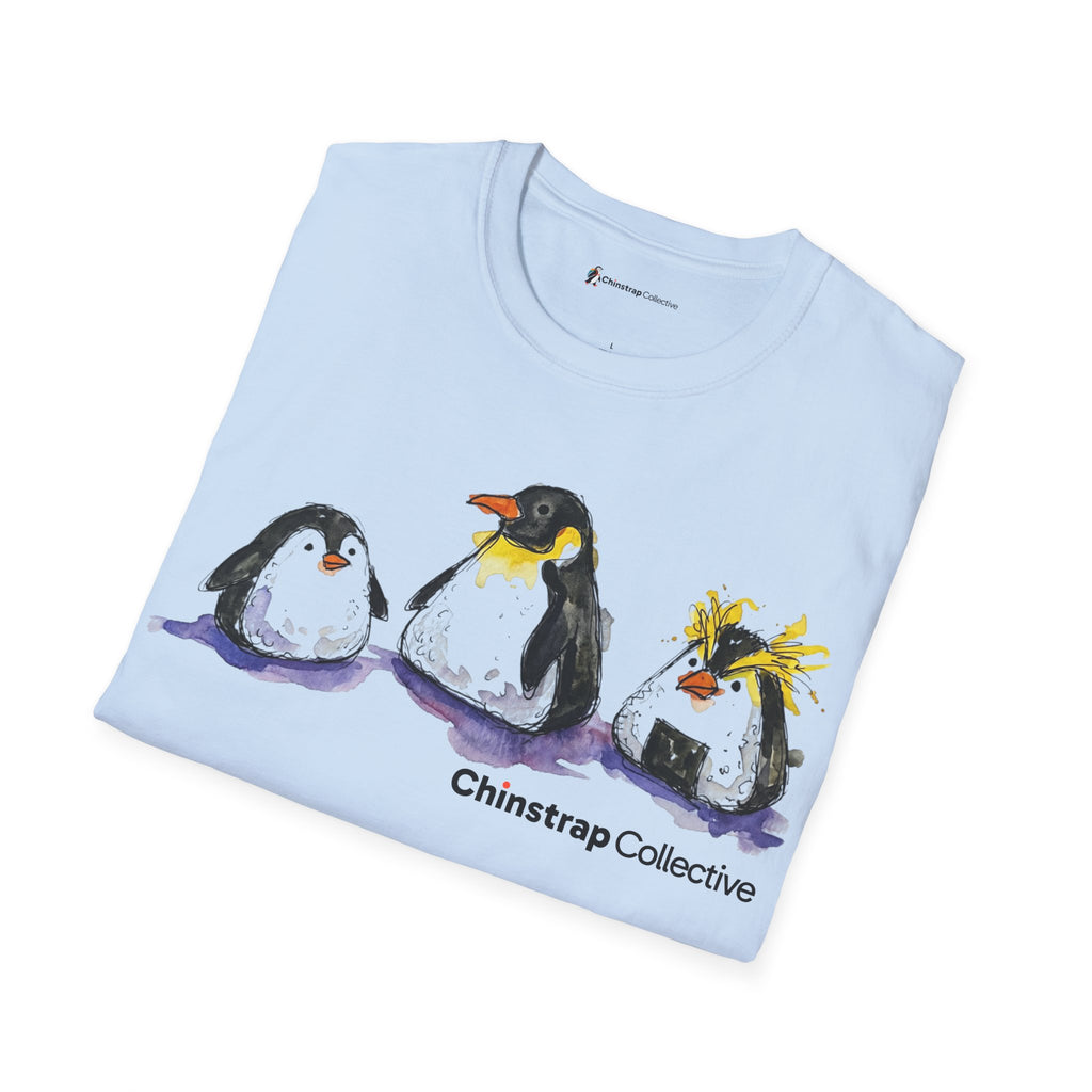 The Onigiri Penguin Trio T-shirt in Light Blue, folded