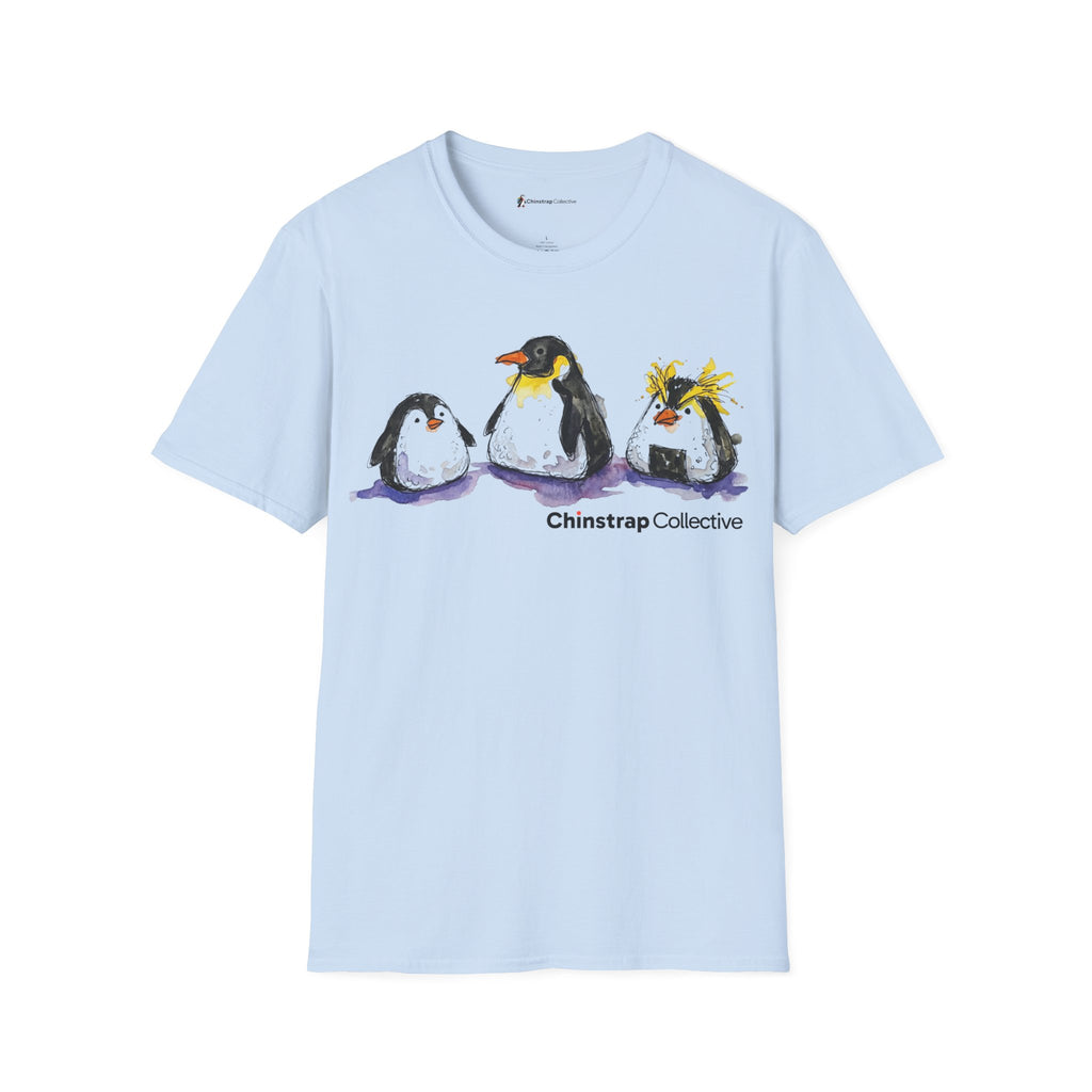 Onigiri Penguin Trio penguin T-shirt in Light Blue: The front print is loose black ink over watercolor. It shows three…