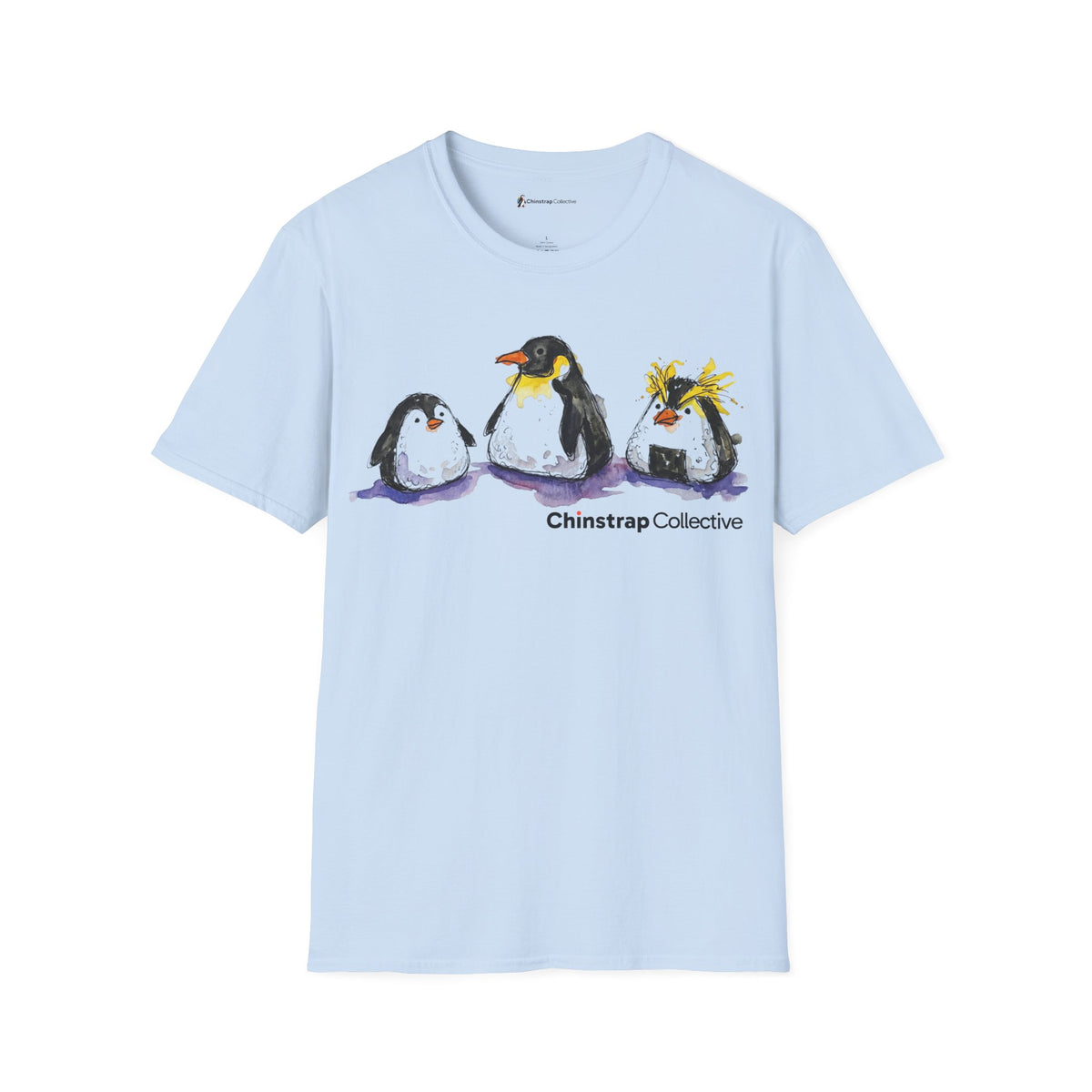 Onigiri Penguin Trio penguin T-shirt in Light Blue: The front print is loose black ink over watercolor. It shows three…