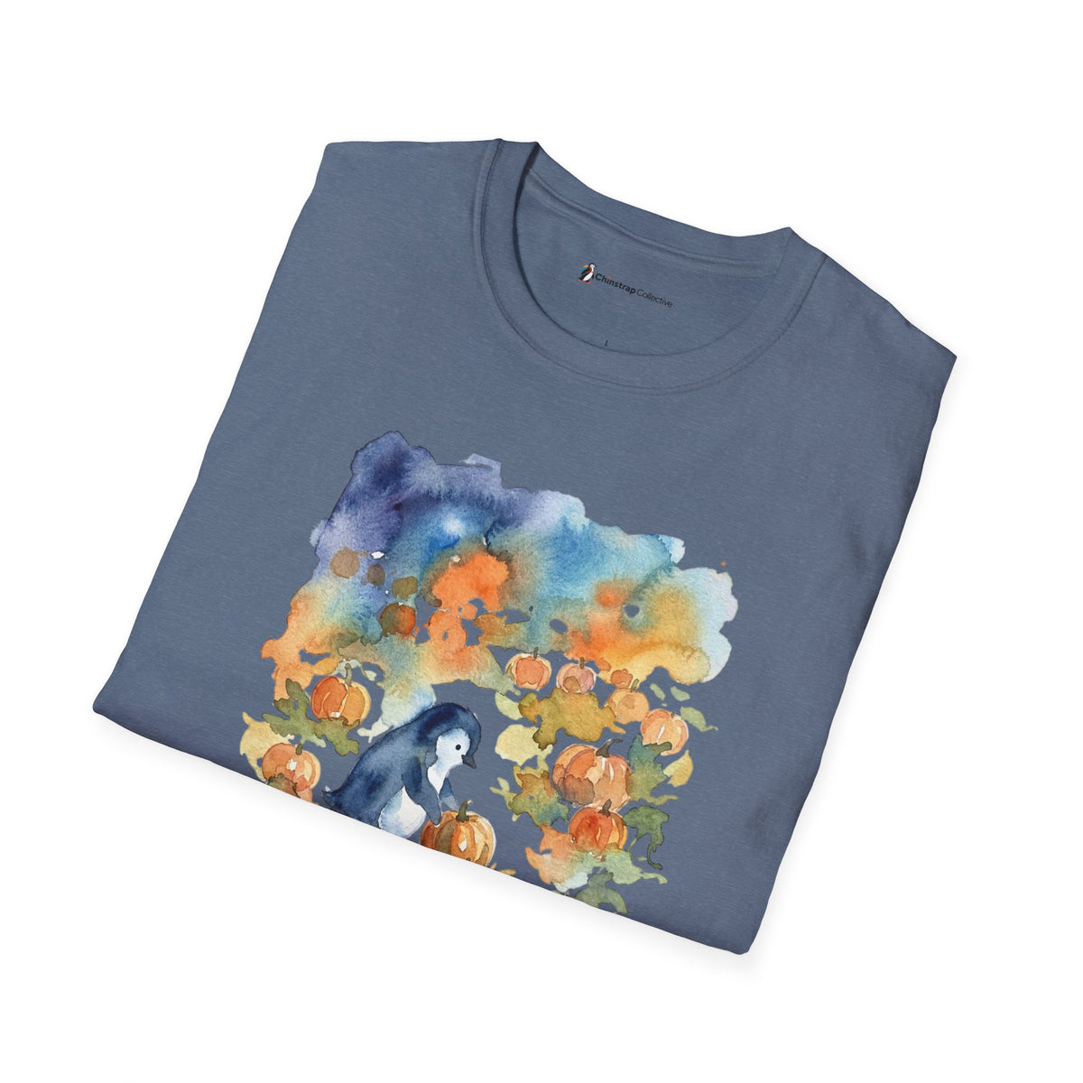 The Pumpkin Picking Penguin T-shirt in Heather Indigo, folded