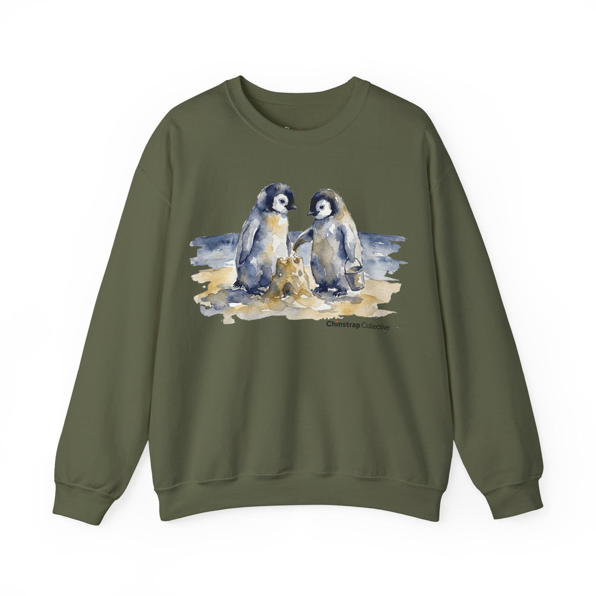 Sandcastle Penguin Chicks penguin sweatshirt in Military Green: The front print is a soft watercolor in navy, slate grey…
