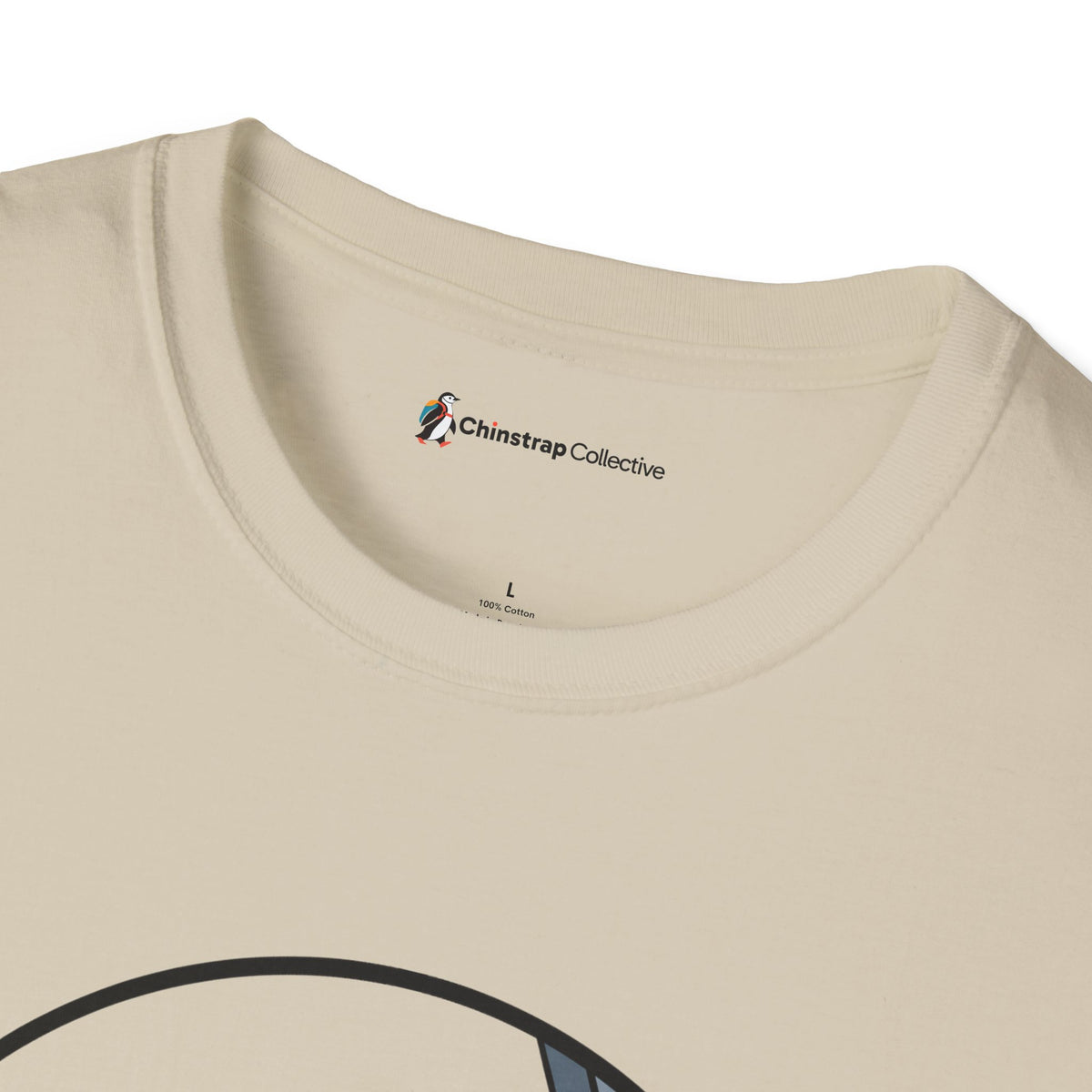 The Chinstrap Collective neck label on the Priority Belly Slide T-shirt in Sand