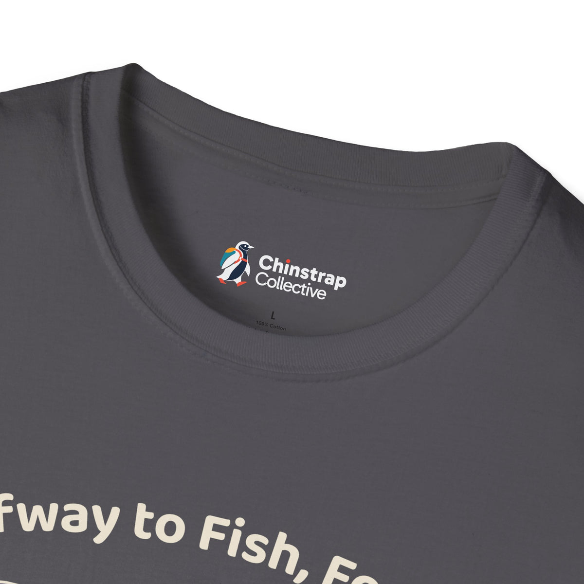 The Chinstrap Collective neck label on the Halfway to Fish T-shirt in Charcoal