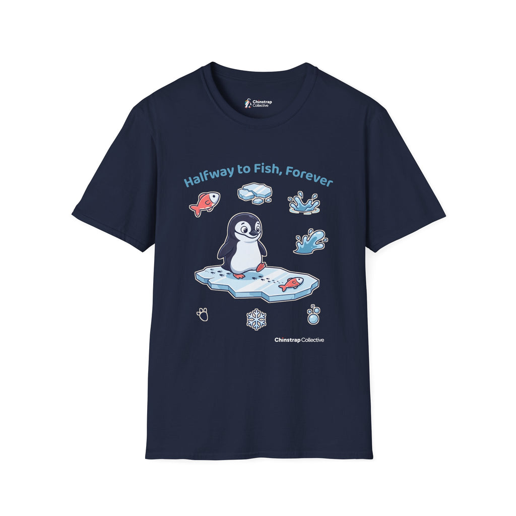 Halfway to Fish penguin T-shirt in Navy: The chinstrap penguin waddles toward a fish on the ice, each footprint half as…
