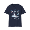 Halfway to Fish penguin T-shirt in Navy: The chinstrap penguin waddles toward a fish on the ice, each footprint half as…