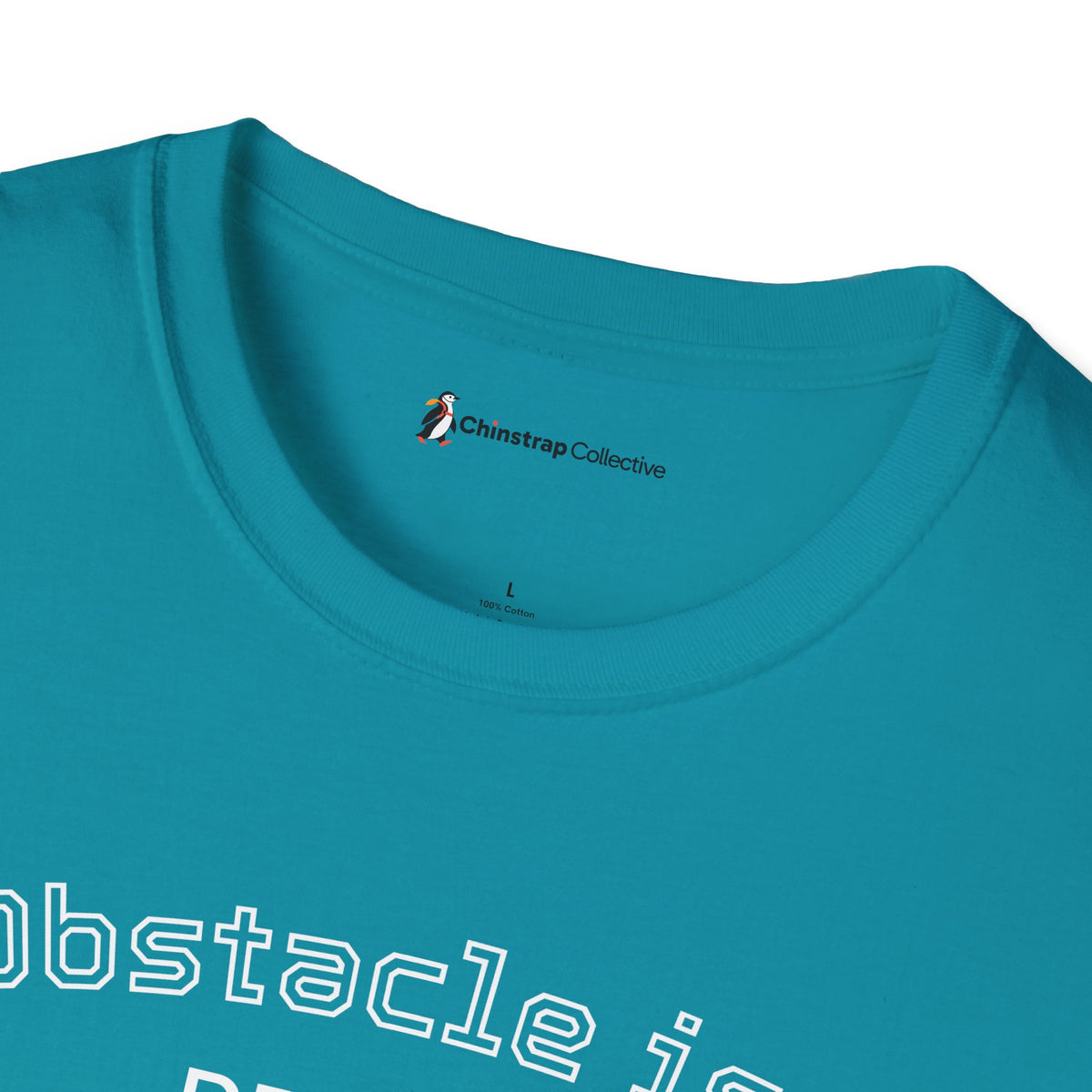 The Chinstrap Collective neck label on the Penguin Wisdom T-shirt in Tropical Blue