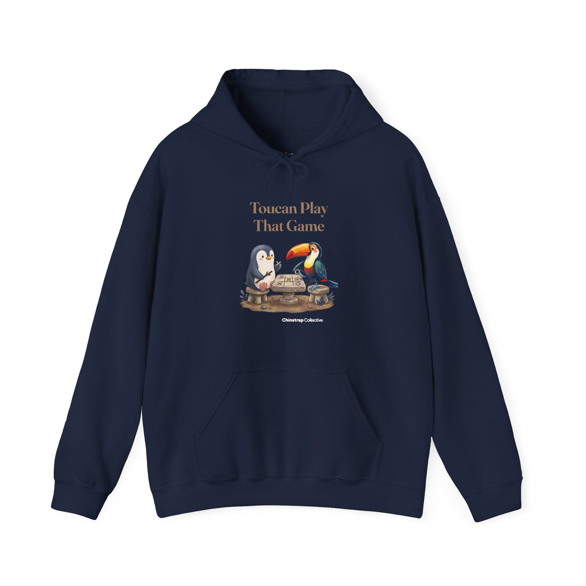 Toucan Play That Game penguin hoodie in Navy: The chinstrap penguin sits across from a toucan at a stone tic-tac-toe…