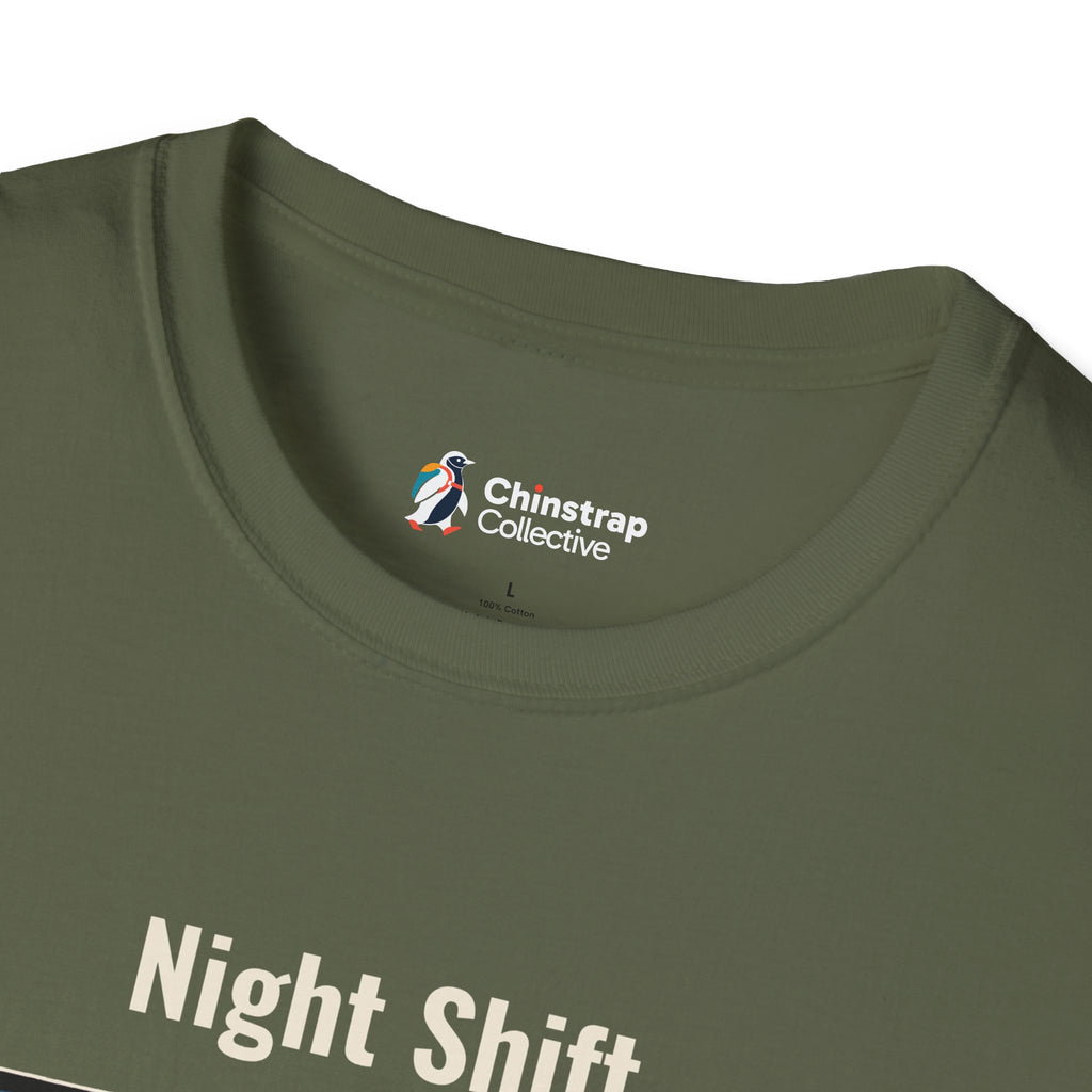 The Chinstrap Collective neck label on the Still Waddling T-shirt in Military Green