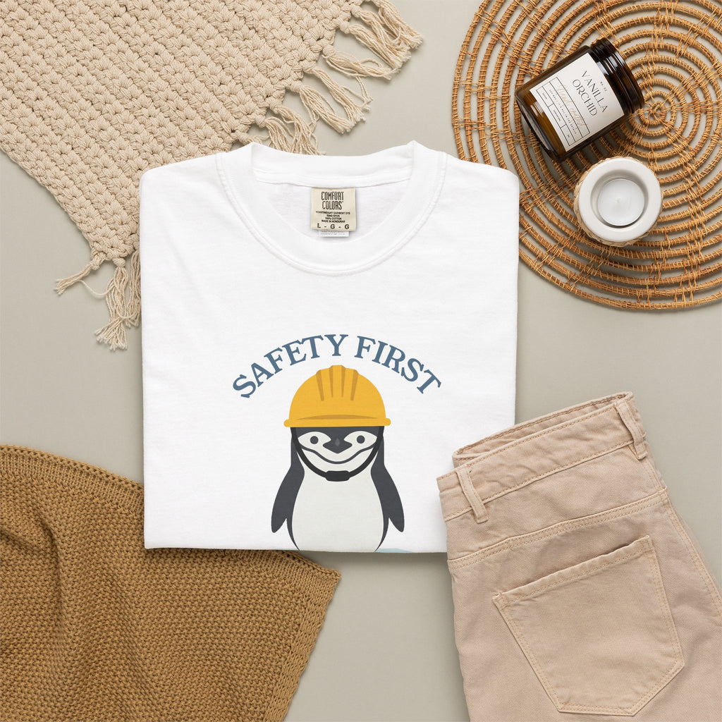 The Safety First Penguin T-shirt in White, folded