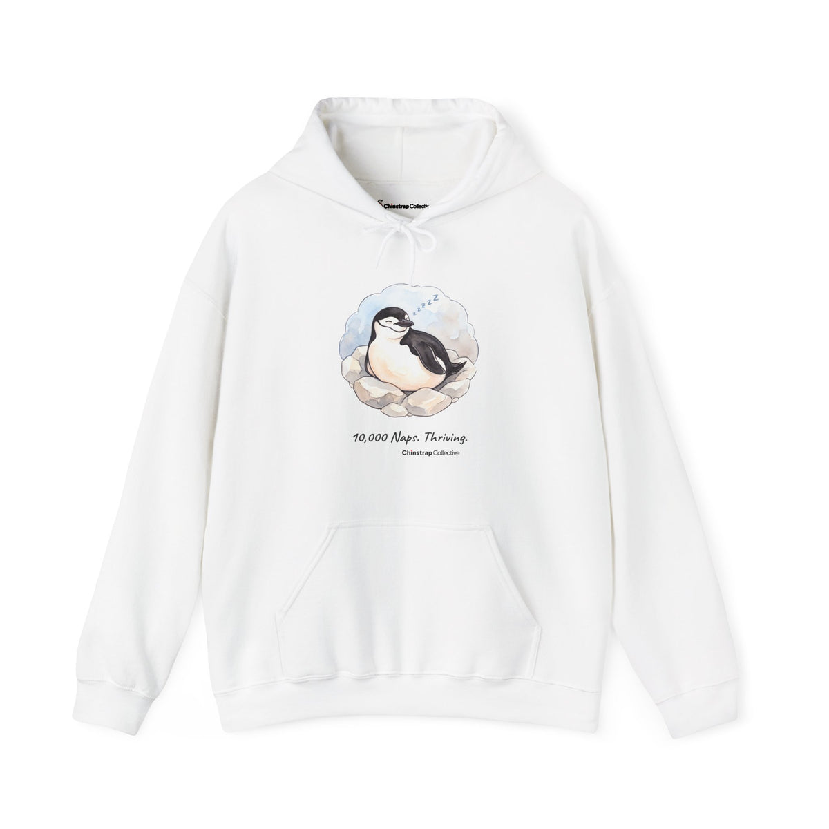 Professional Napper penguin hoodie in White: On its rocky nest the chinstrap penguin nods off mid-blink, with a trail of…