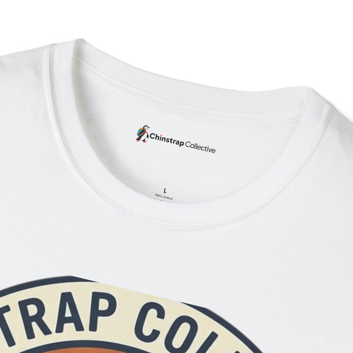 The Chinstrap Collective neck label on the Penguin Patch T-shirt in White