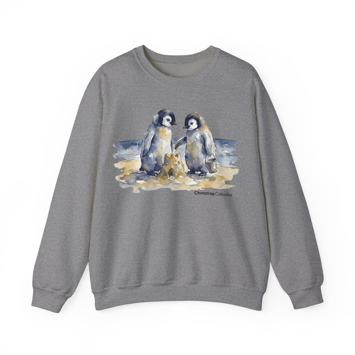 Sandcastle Penguin Chicks penguin sweatshirt in Graphite Heather: The front print is a soft watercolor in navy, slate…